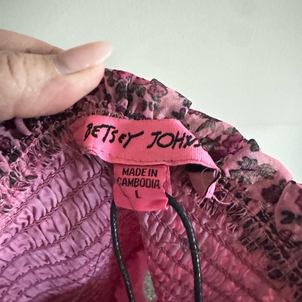 Betsey Johnson Pink Floral Puff Sleeve Smocked Mini Dress size Lg whimsical - Picture 8 of 10
